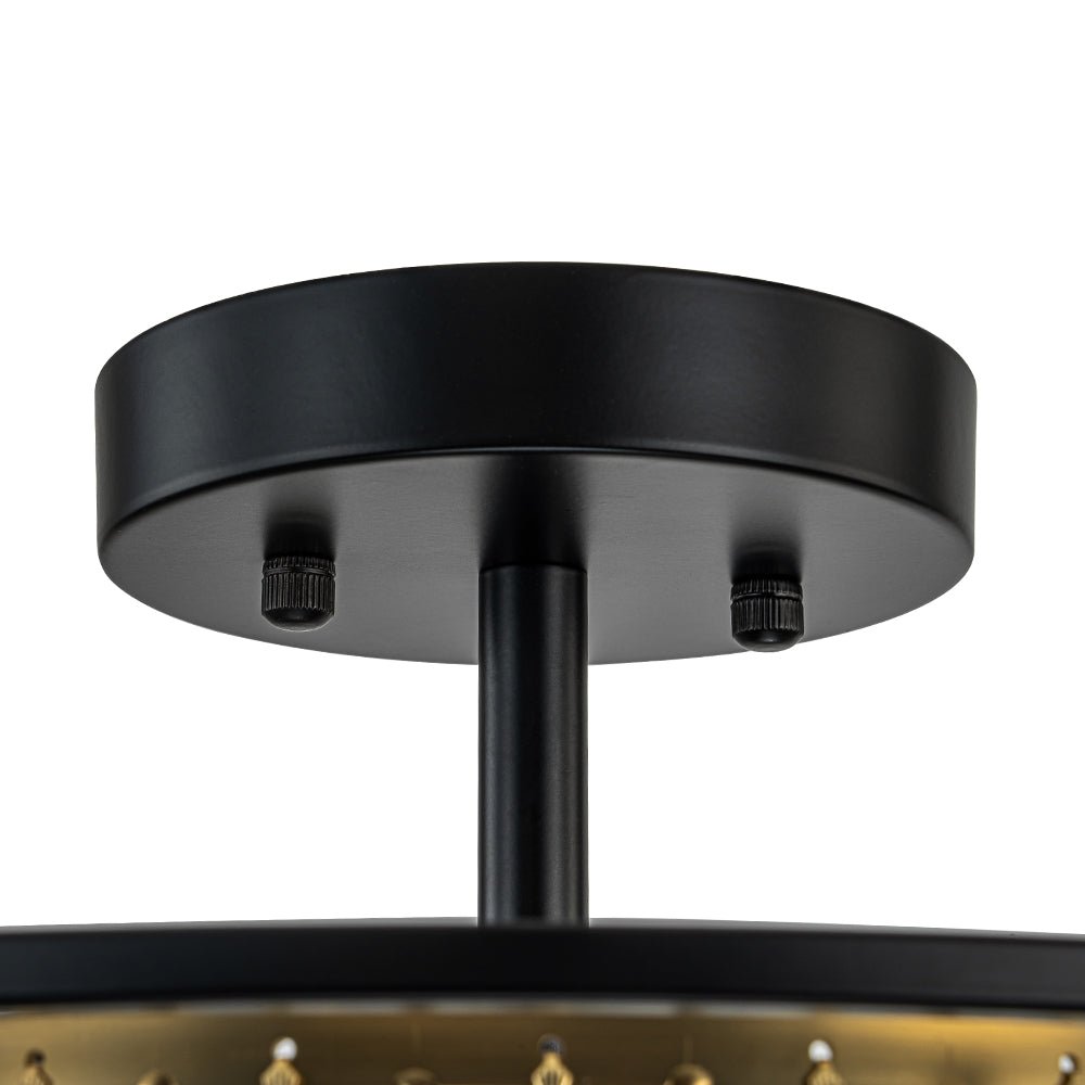 Minimalistische Semi-Plafondlamp met Kristallen Accenten 3-Lichtpunten Zwart-Gouden Afwerking Drumvormig Frame E12 Fitting | Sansoti