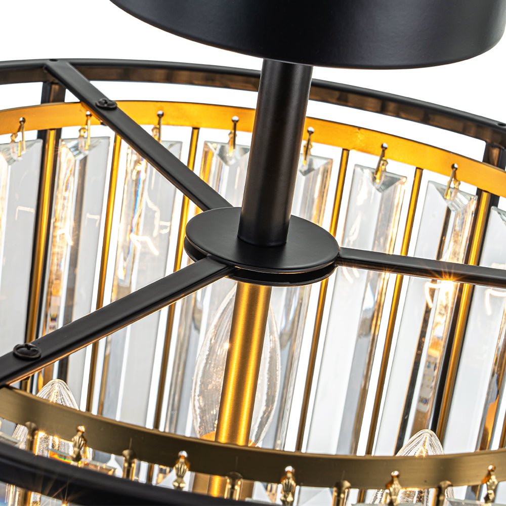 Minimalistische Semi-Plafondlamp met Kristallen Accenten 3-Lichtpunten Zwart-Gouden Afwerking Drumvormig Frame E12 Fitting | Sansoti