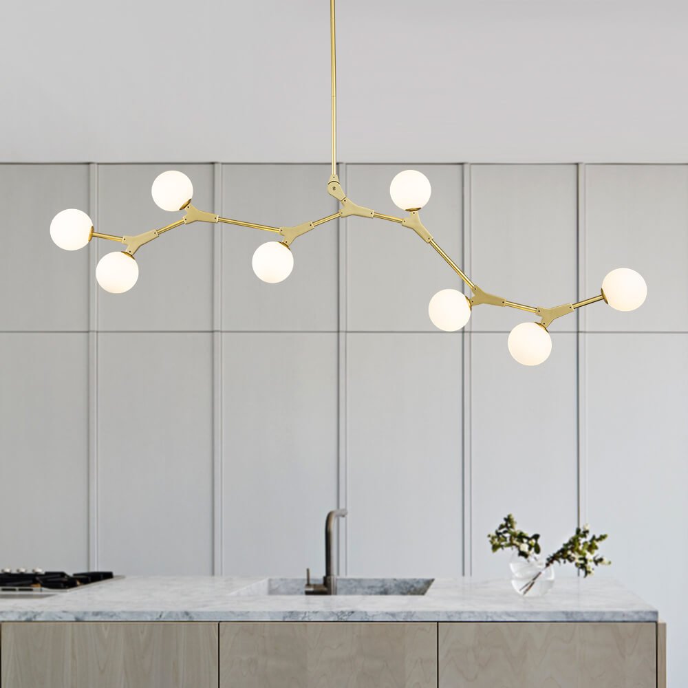 Lineaire Kroonluchter met Glazen Bellen 140cm Messing Zwart 8-Lichts G9 Verstelbaar Modern Design Eetkamerlamp | Sansoti