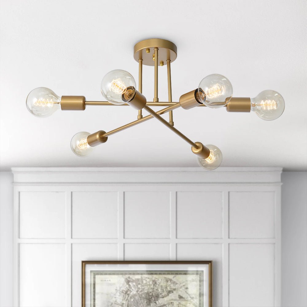 Lustre semi-plafonnier à 6 lumières en métal doré effet laiton, design Sputnik, ampoules E26 E27, 48 cm, salon | Sansoti