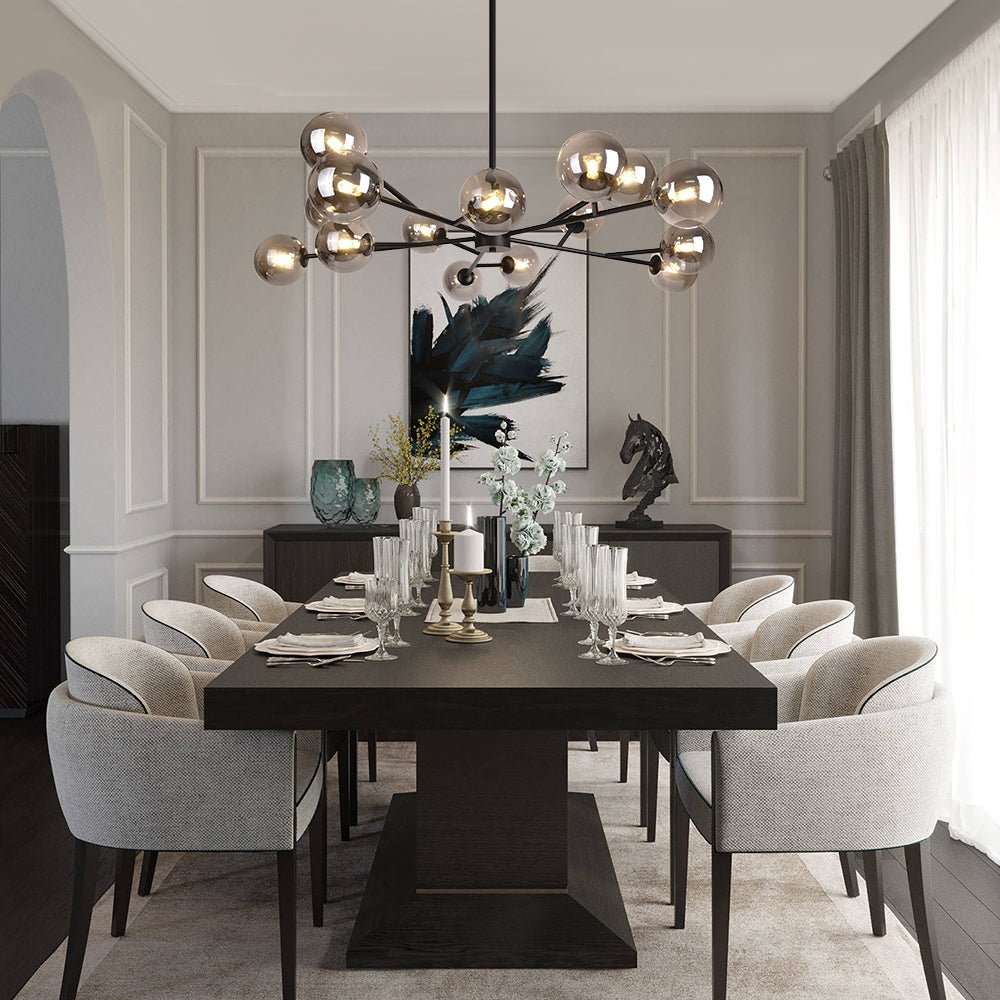 Hanglamp met 15 Glazen Bollen Zwart Messing 112cm Moderne Plafondverlichting voor Eetkamer en Woonkamer | Sansoti
