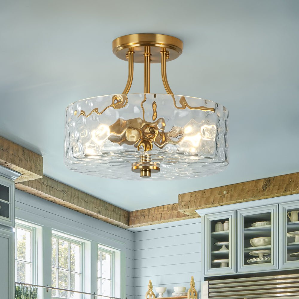 Glas-Deckenleuchte Drum Messing 30cm 2-flammig Hammerschlagglas Wohnzimmer Esszimmer Semi-Flush-Mount Badezimmer Eingang Flur Schlafzimmer | Restfield
