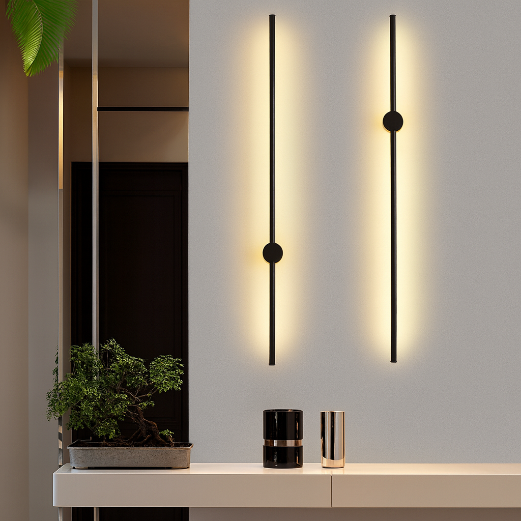 Applique murale LED minimaliste au design linéaire, noire et dorée, 60-120cm, pour intérieur moderne, salle à manger, bar et salon | Sansoti