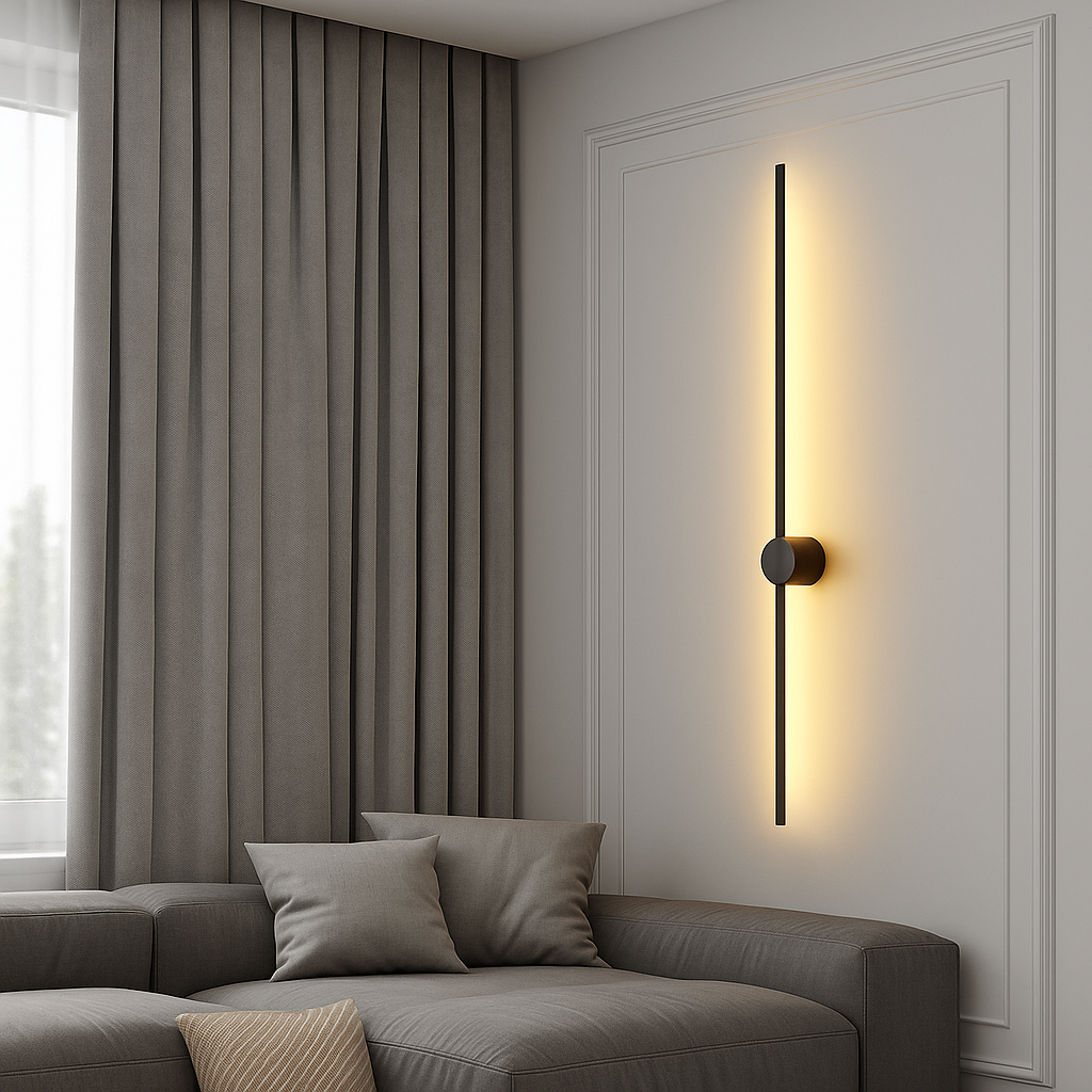 Applique murale LED minimaliste au design linéaire, noire et dorée, 60-120cm, pour intérieur moderne, salle à manger, bar et salon | Sansoti
