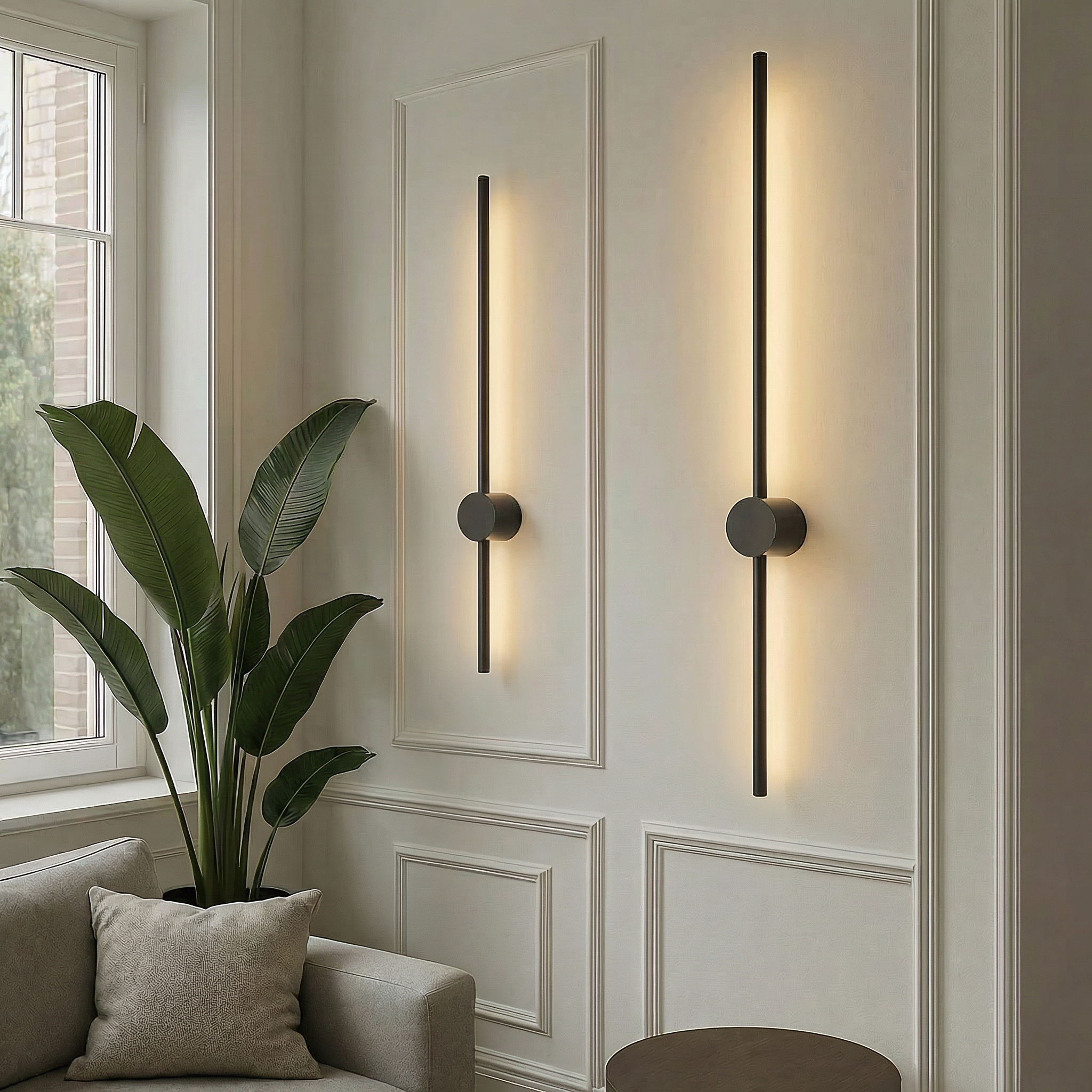 Applique murale LED minimaliste au design linéaire, noire et dorée, 60-120cm, pour intérieur moderne, salle à manger, bar et salon | Sansoti