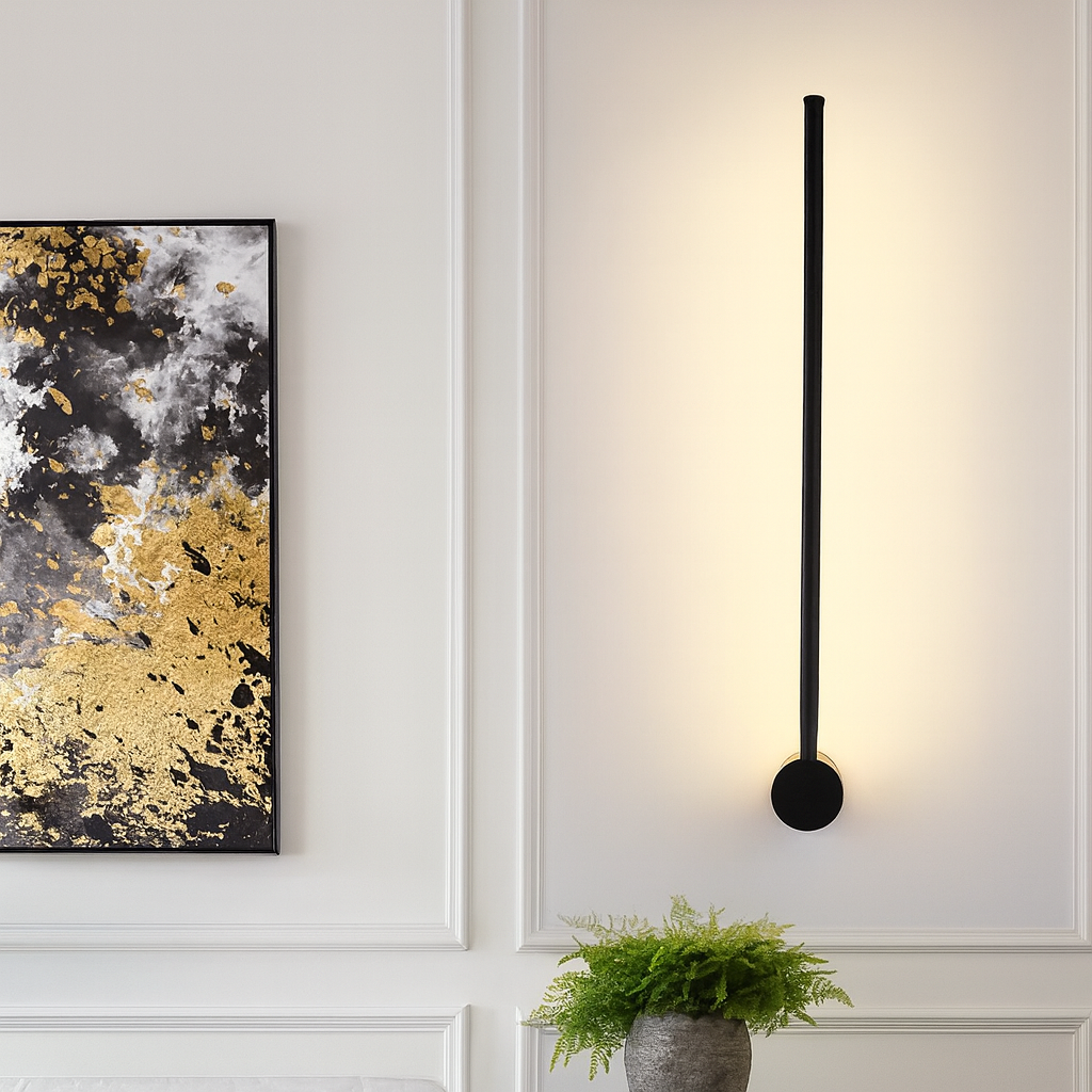 Applique murale LED minimaliste au design linéaire, noire et dorée, 60-120cm, pour intérieur moderne, salle à manger, bar et salon | Sansoti