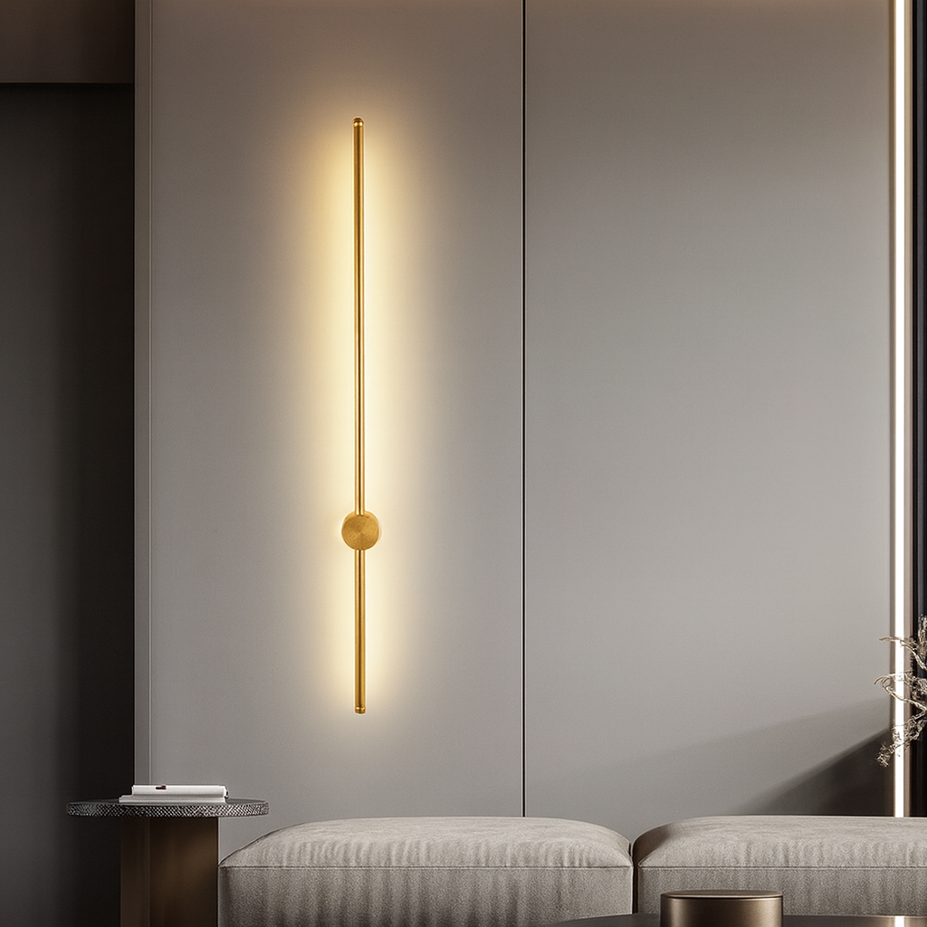 Applique murale LED minimaliste au design linéaire, noire et dorée, 60-120cm, pour intérieur moderne, salle à manger, bar et salon | Sansoti