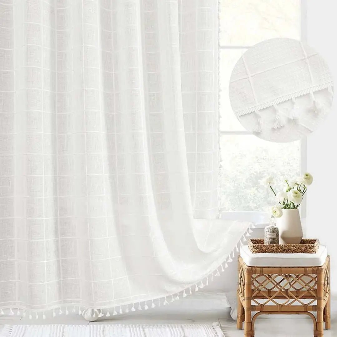 Linnen Douchegordijn met Kwastjes Waterdicht Jacquard Boho Stijl Badkamerdecoratie Modern Bohemian Design | Sansoti