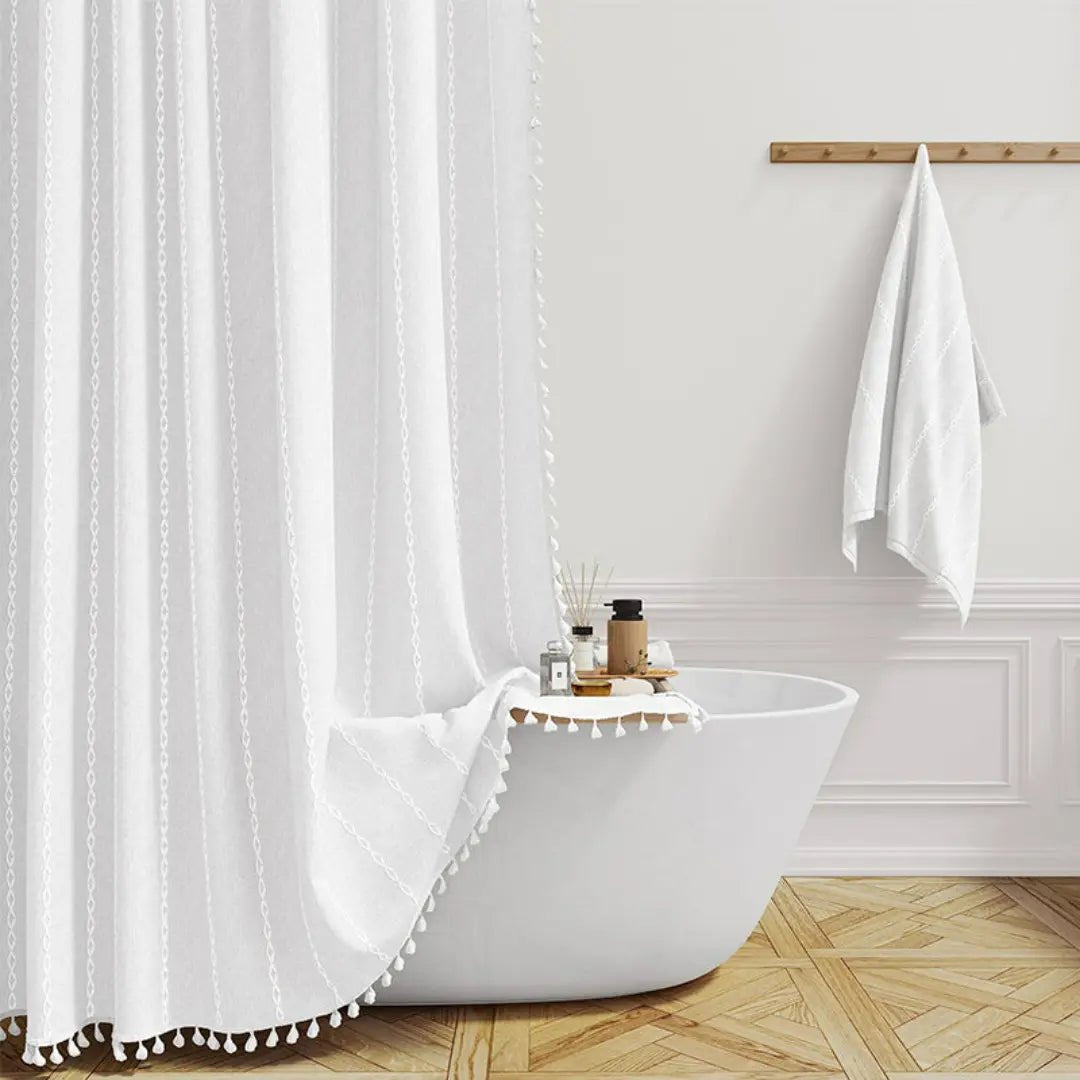 Linnen Douchegordijn met Kwastjes Waterdicht Jacquard Boho Stijl Badkamerdecoratie Modern Bohemian Design | Sansoti