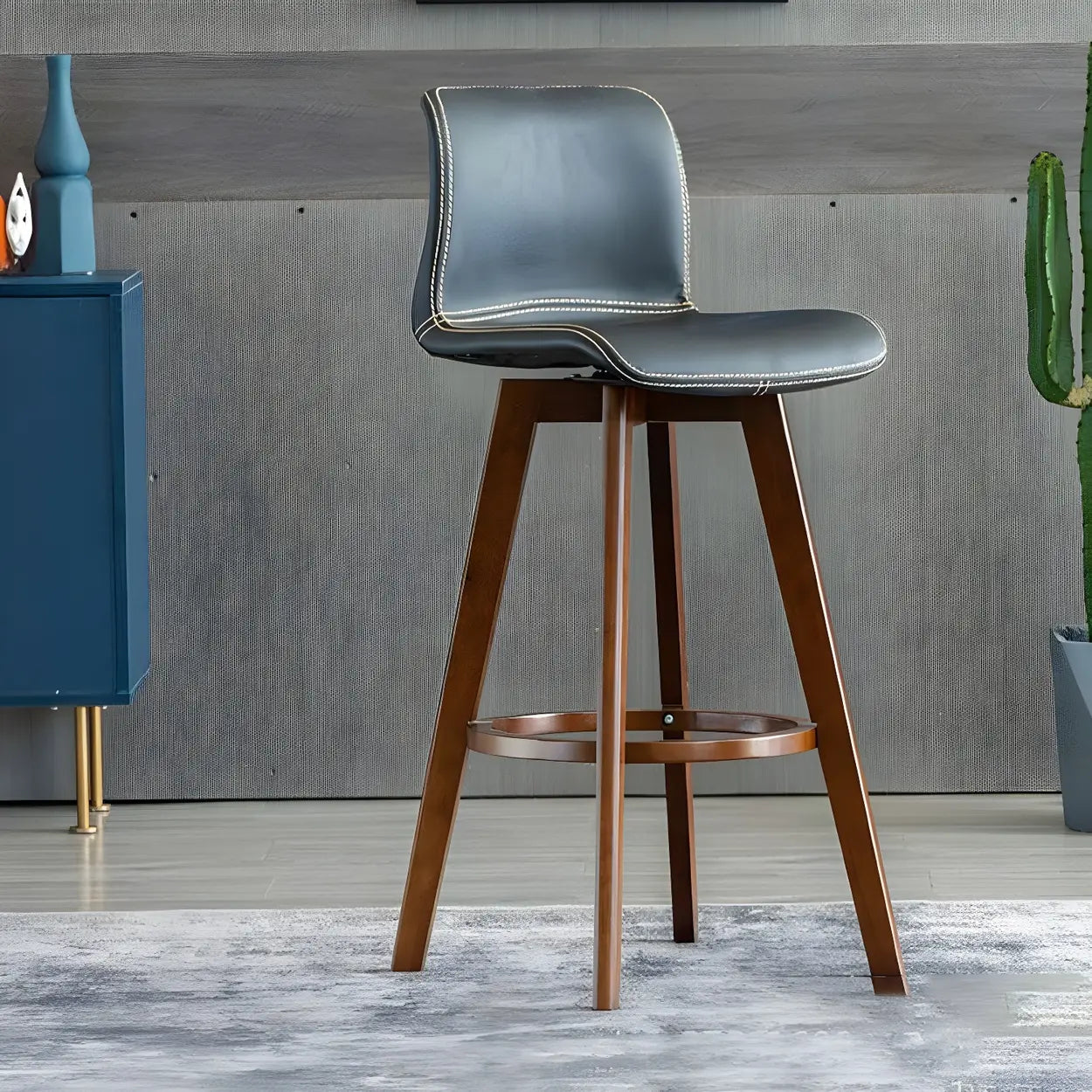 Tabouret de Bar Pivotant en Cuir avec Dossier et Pieds en Bois – Chaise de Bar Moderne Pivotante à 360° pour Îlot de Cuisine et Bar à Domicile | Restfield