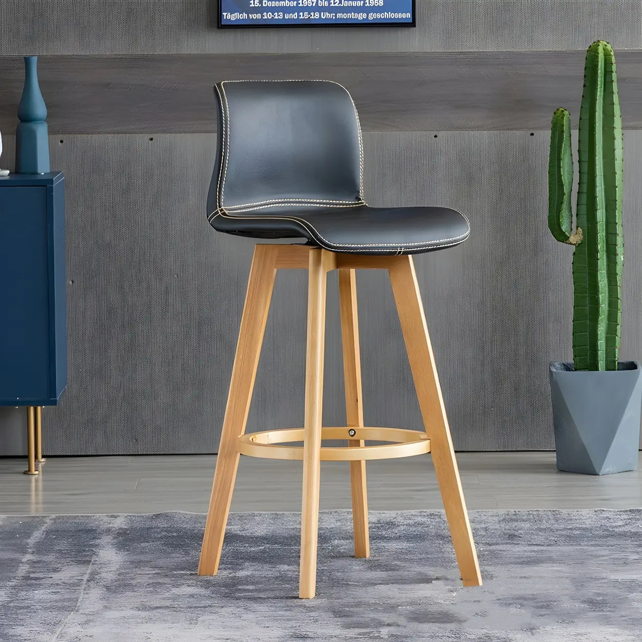 Tabouret de Bar Pivotant en Cuir avec Dossier et Pieds en Bois – Chaise de Bar Moderne Pivotante à 360° pour Îlot de Cuisine et Bar à Domicile | Restfield