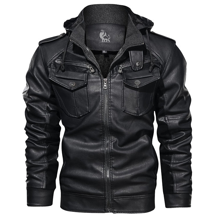 Herrenjacke aus PU-Leder mit abnehmbarer Kapuze, wasserabweisend, kratzfest, robust, Outdoor-Winterjacke für den Herbst | Sansoti