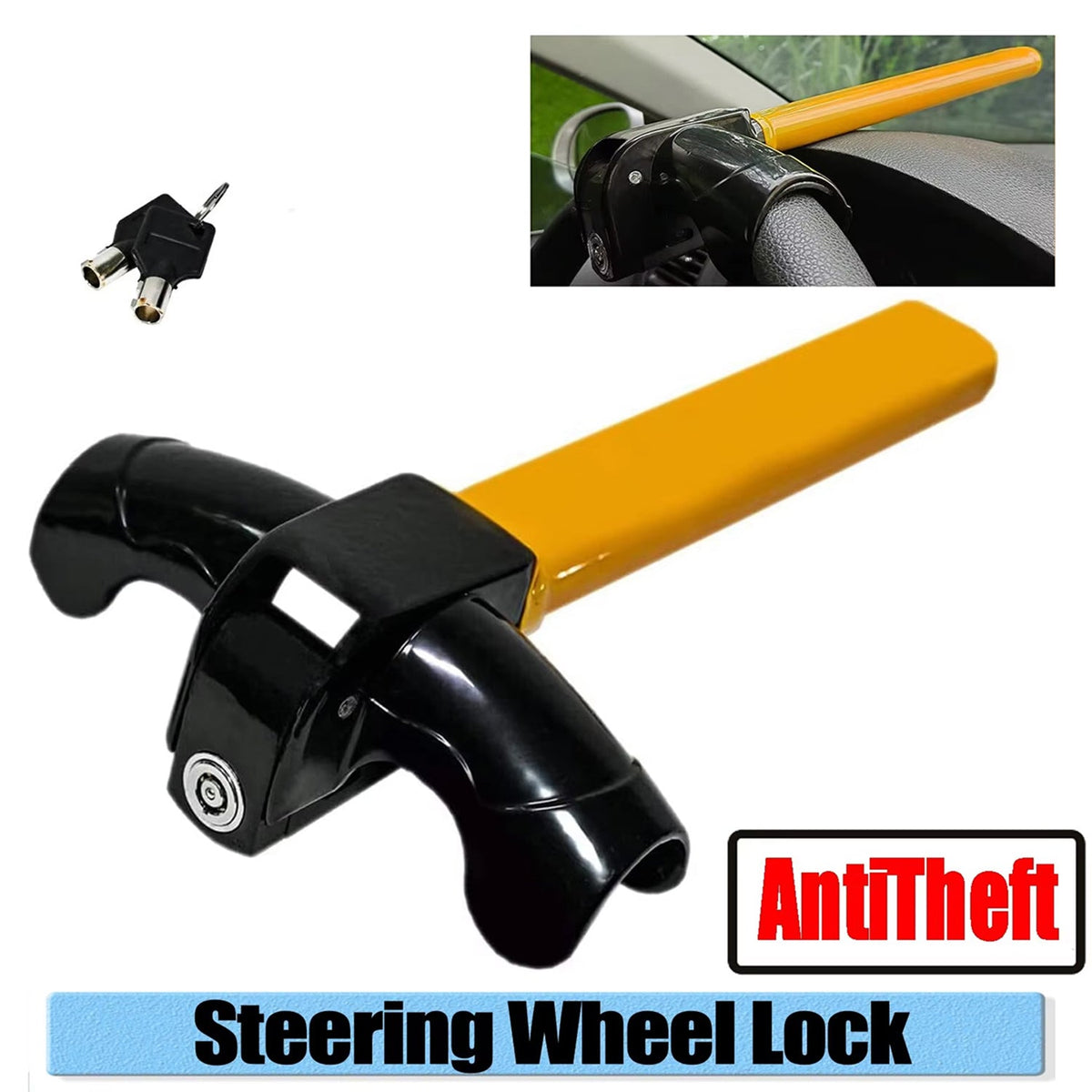 Universal Steering Wheel Lock with T-Bar | Heavy-Duty Iron Construction | Yellow Warning Signal | Theft Protection | Sansoti
