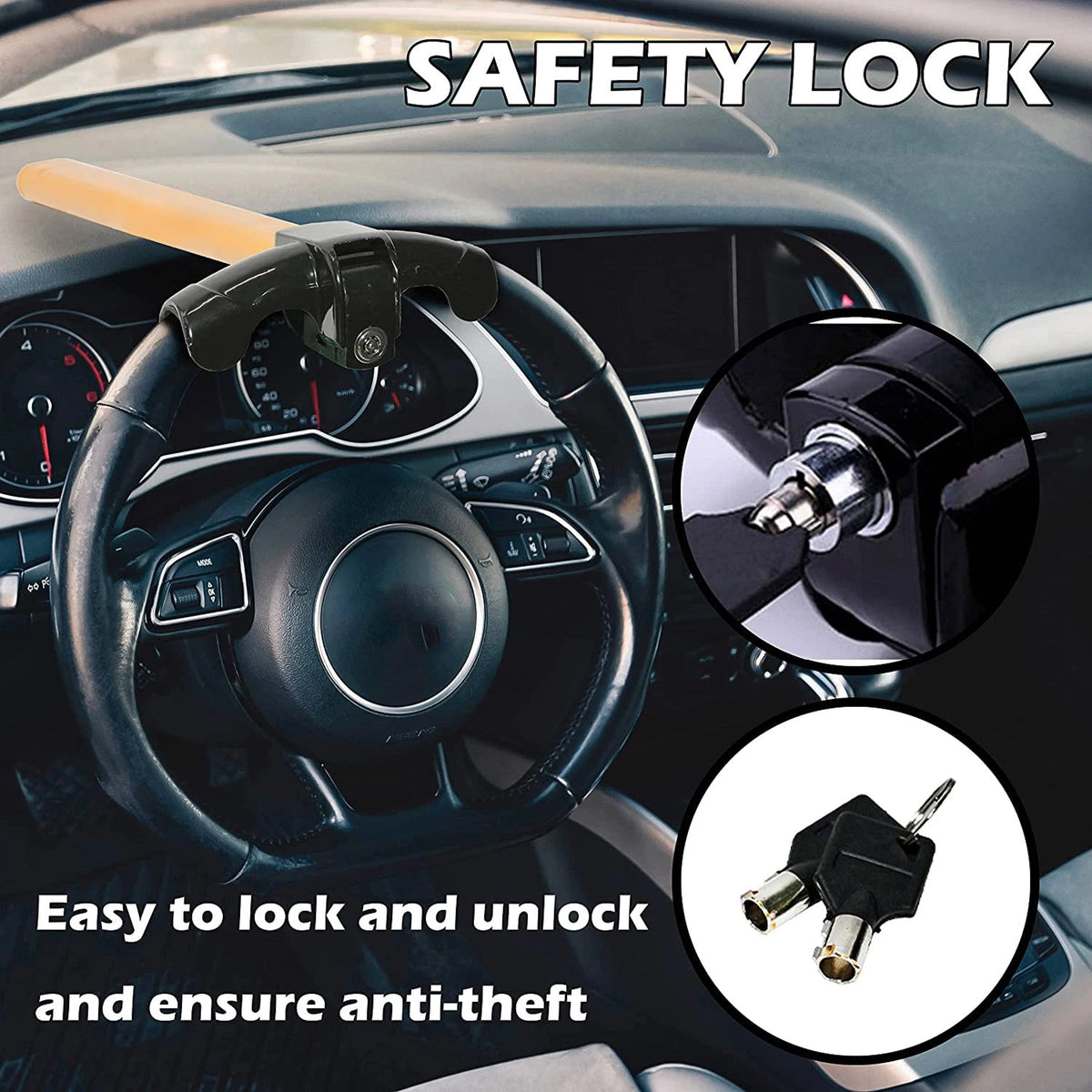 Universal Steering Wheel Lock with T-Bar | Heavy-Duty Iron Construction | Yellow Warning Signal | Theft Protection | Sansoti