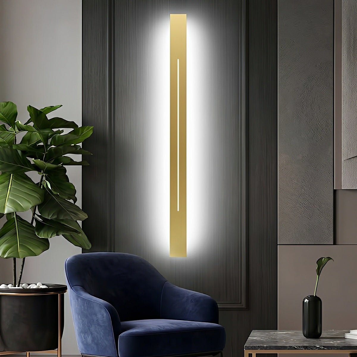 Applique murale élégante à bande LED en fer et acrylique, dimmable, 60-120 cm, pour miroir, salon ou salle de bains, noir et doré, moderne et chaleureuse | Sansoti