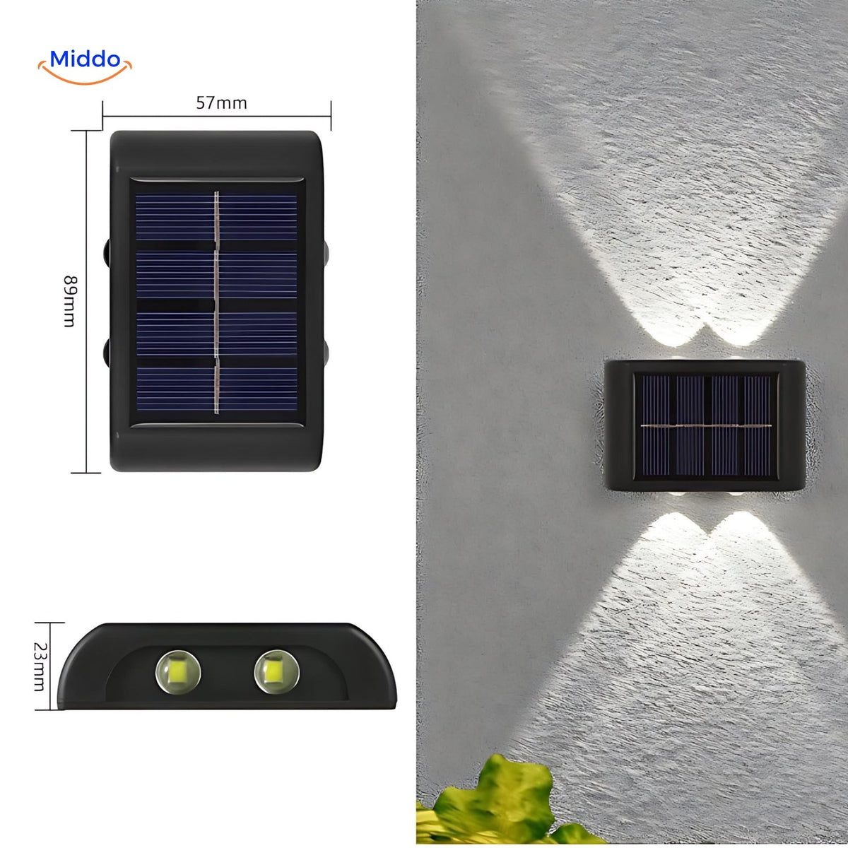 Solar-Wandleuchte mit zwei LEDs, wasserdichte Außenbeleuchtung, Gartenlampe, dekorative, wetterfeste Stimmungsbeleuchtung | Sansoti