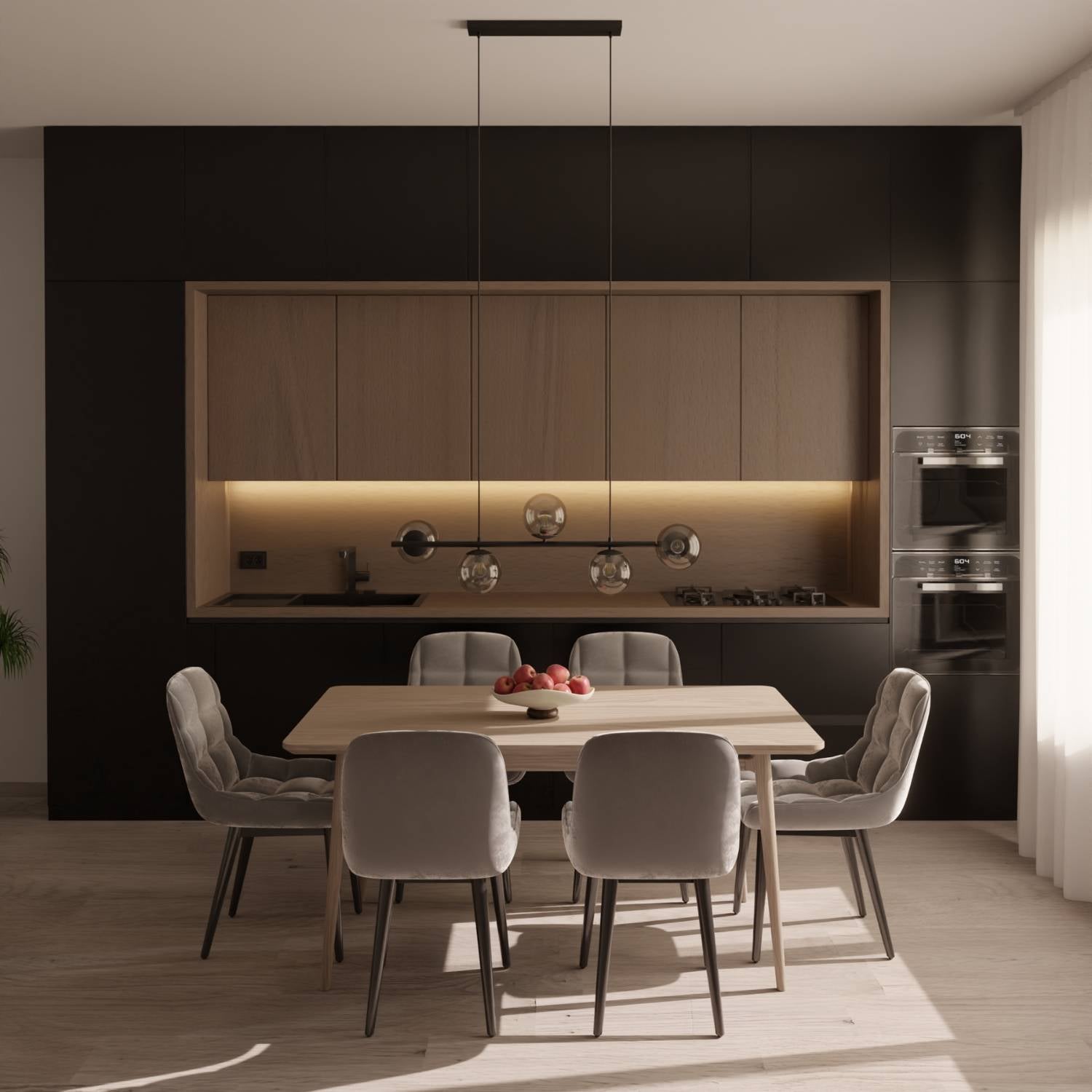 Suspension design moderne avec 5 globes en verre opalin au-dessus de la table à manger – Eloria