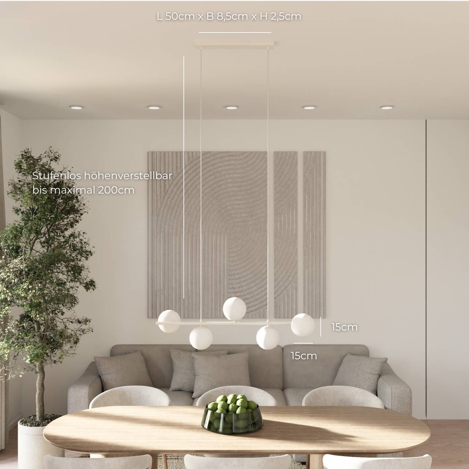 Suspension design moderne avec 5 globes en verre opalin au-dessus de la table à manger – Eloria