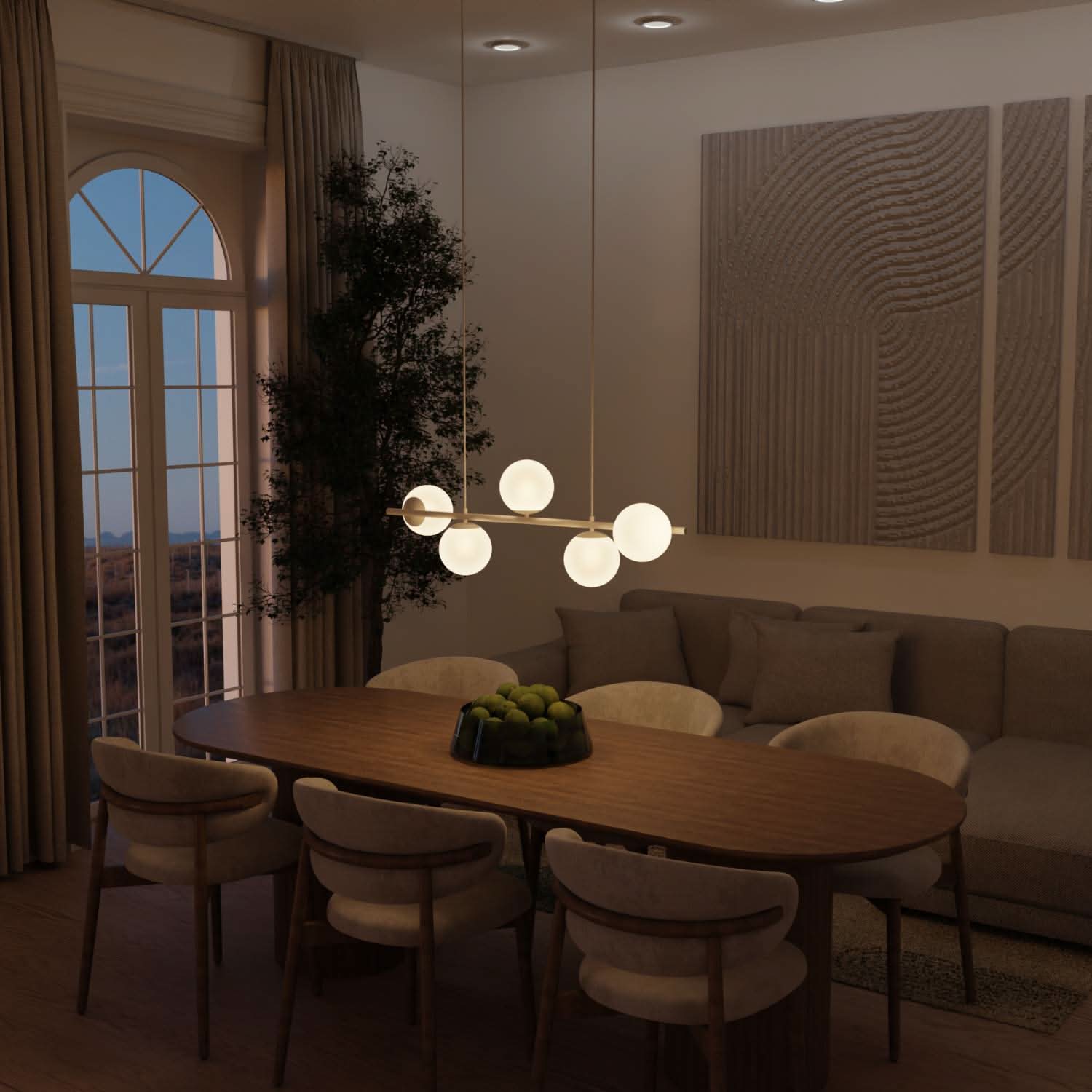Suspension design moderne avec 5 globes en verre opalin au-dessus de la table à manger – Eloria