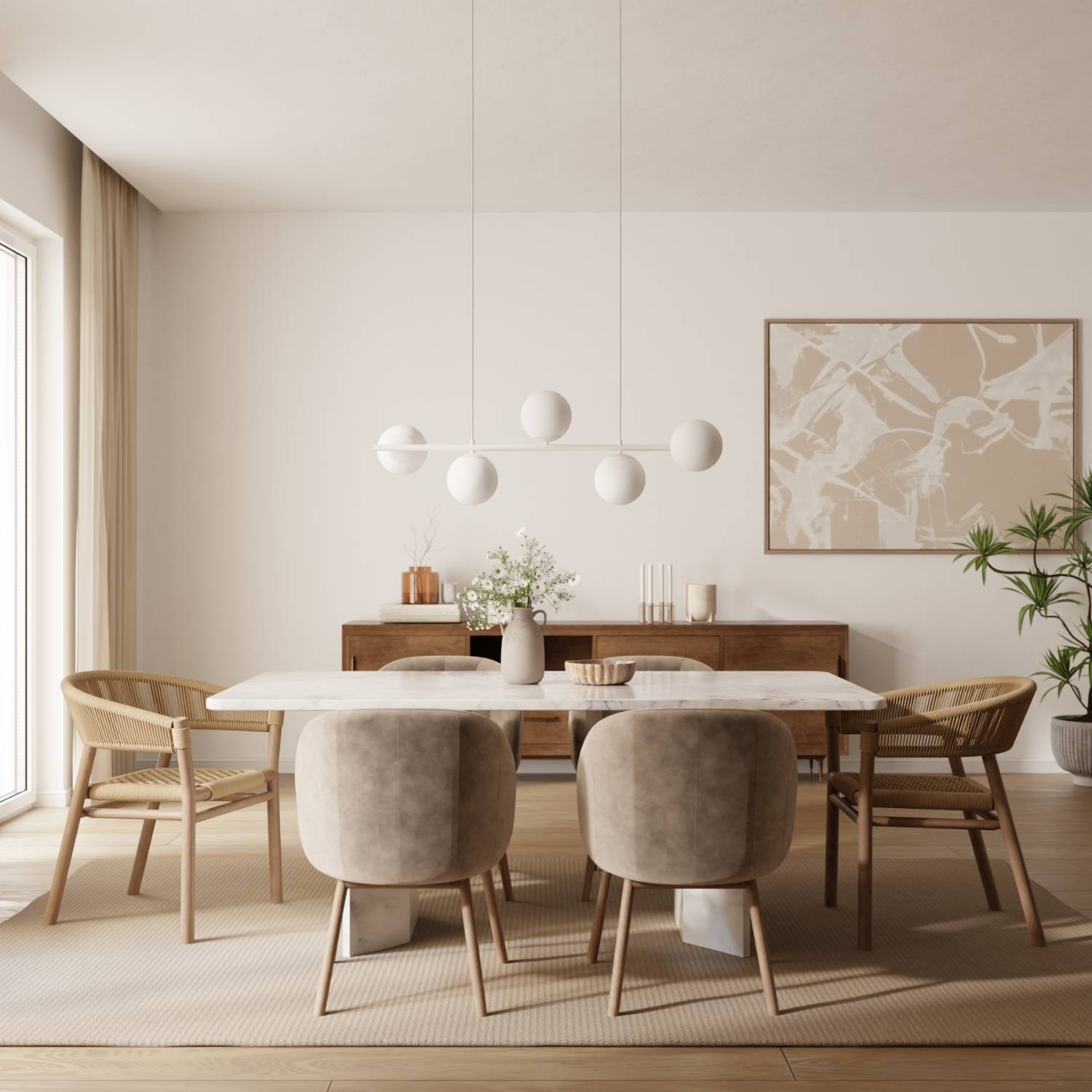 Suspension design moderne avec 5 globes en verre opalin au-dessus de la table à manger – Eloria