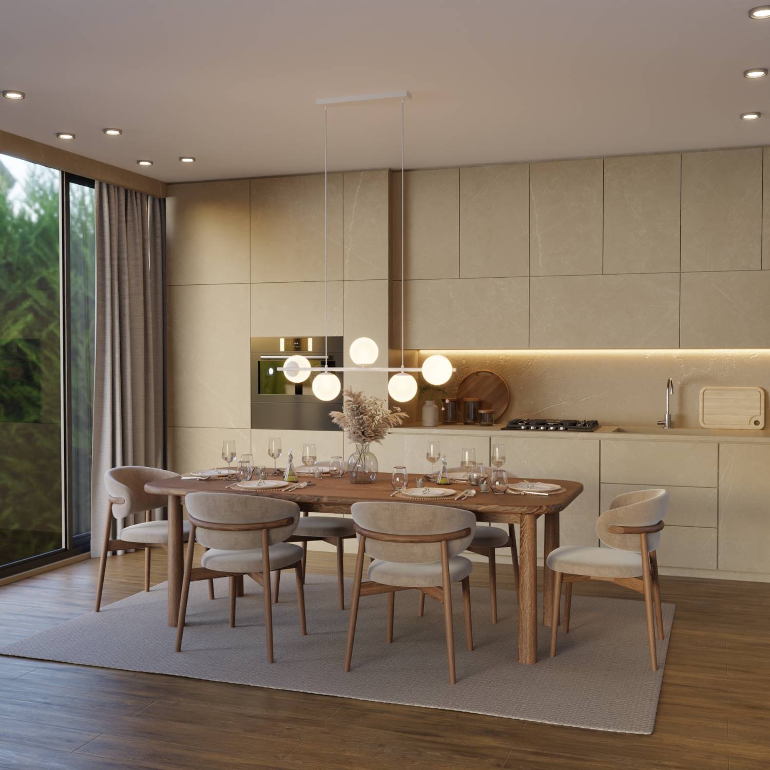 Suspension design moderne avec 5 globes en verre opalin au-dessus de la table à manger – Eloria