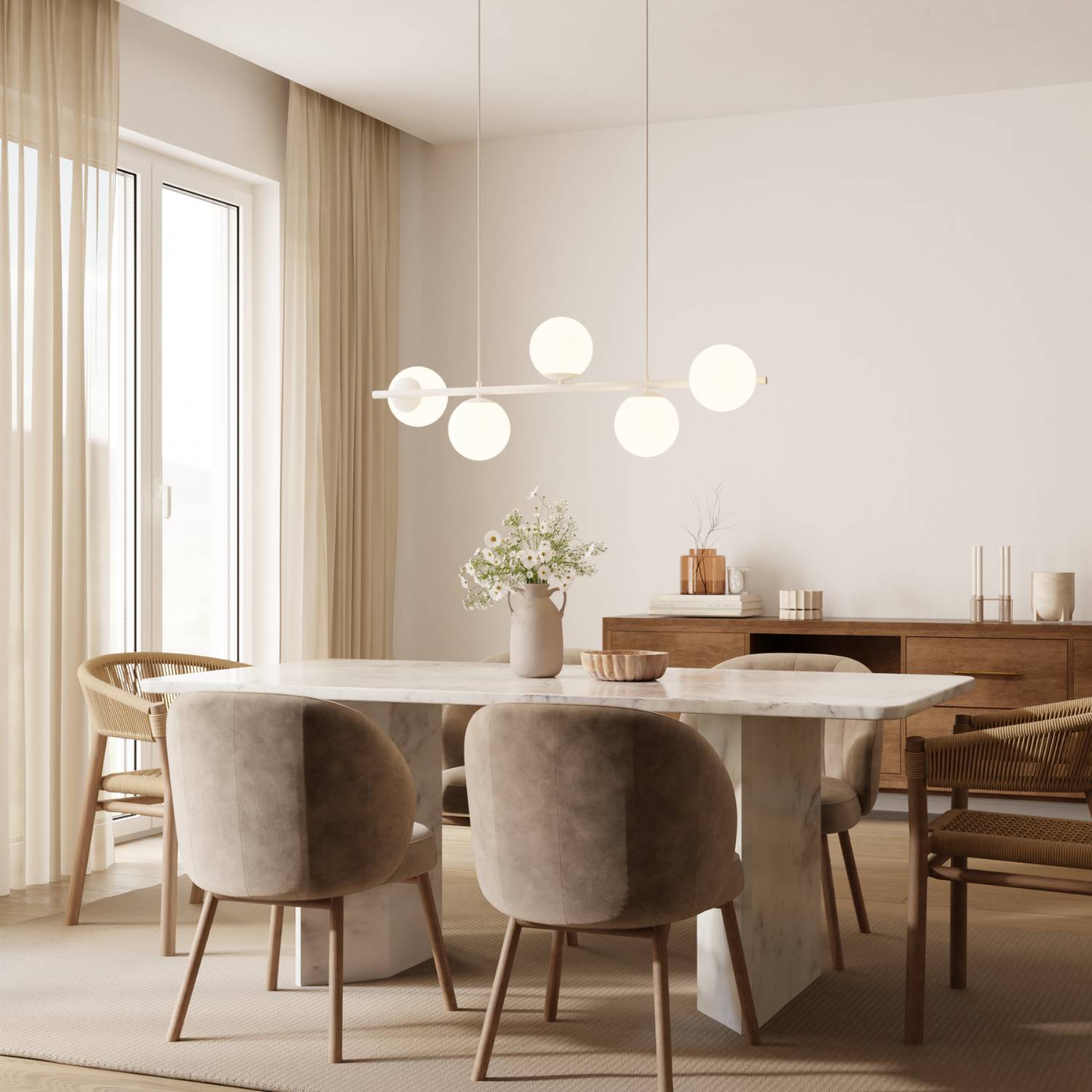Suspension design moderne avec 5 globes en verre opalin au-dessus de la table à manger – Eloria