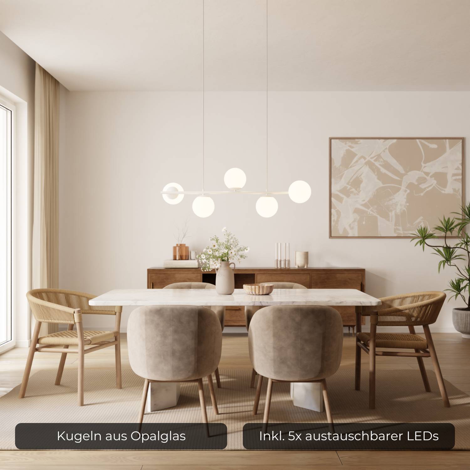 Suspension design moderne avec 5 globes en verre opalin au-dessus de la table à manger – Eloria