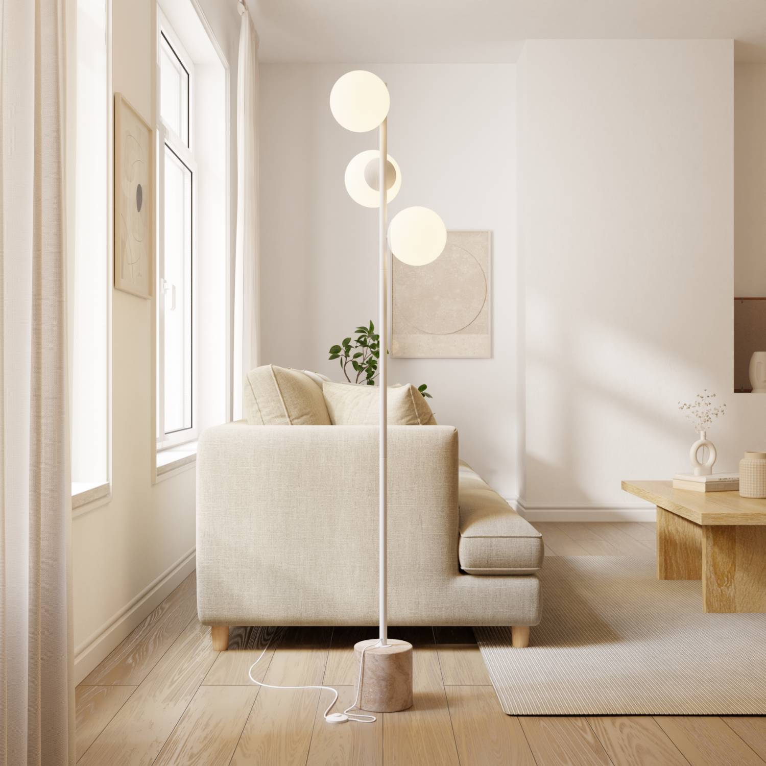 Lampadaire design de luxe avec pied en travertin et lumière chaude diffuse – Avera