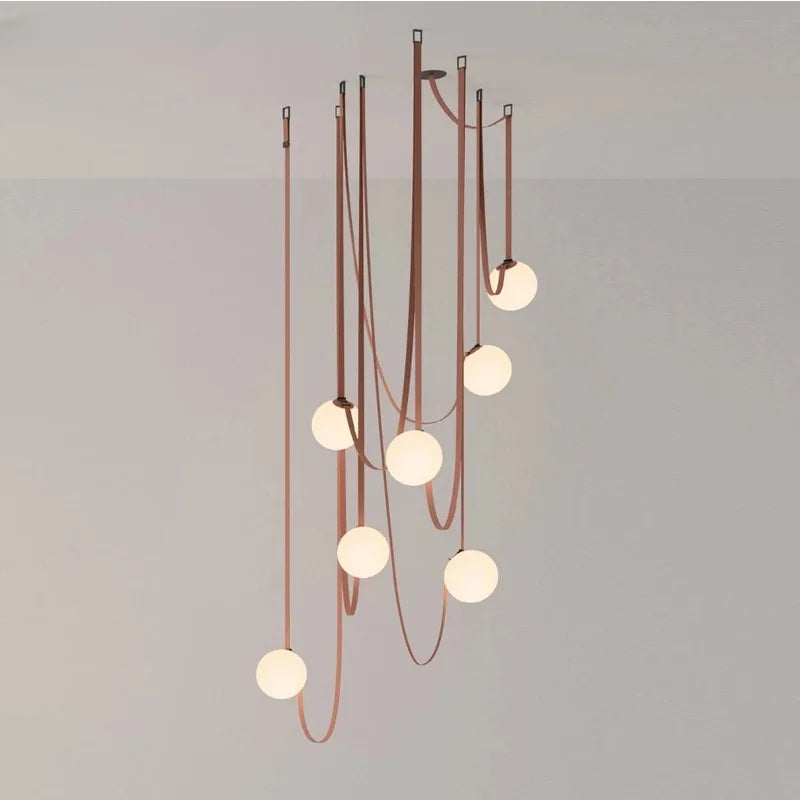 Suspension Câble en Cuir Boule en Verre E27 Cognac Marron Salon Salle à Manger Entrée Design Postmoderne 1 3 5 7 Boules | Restfield