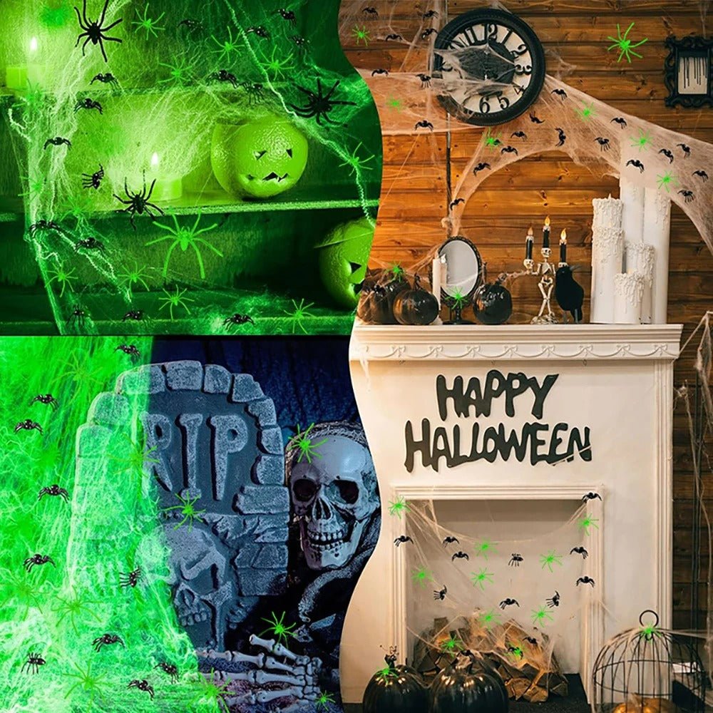 Dekoracja w postaci fosforyzującej pajęczyny, 20-100 gramów, na imprezę halloweenową, do wnętrz i na zewnątrz, tworząca upiorny klimat | Sansoti