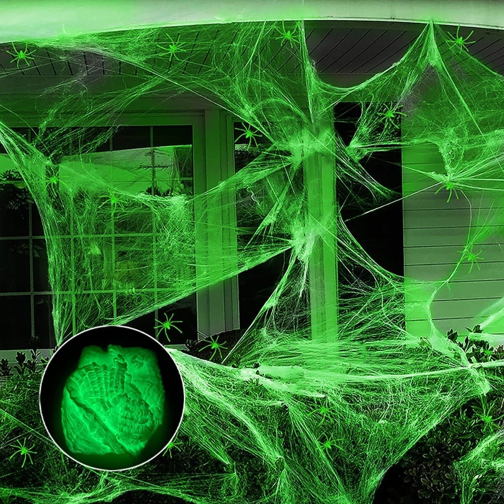 Dekoracja w postaci fosforyzującej pajęczyny, 20-100 gramów, na imprezę halloweenową, do wnętrz i na zewnątrz, tworząca upiorny klimat | Sansoti