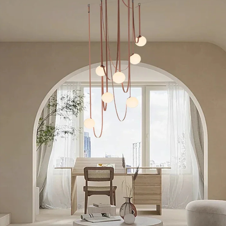 Suspension Câble en Cuir Boule en Verre E27 Cognac Marron Salon Salle à Manger Entrée Design Postmoderne 1 3 5 7 Boules | Restfield