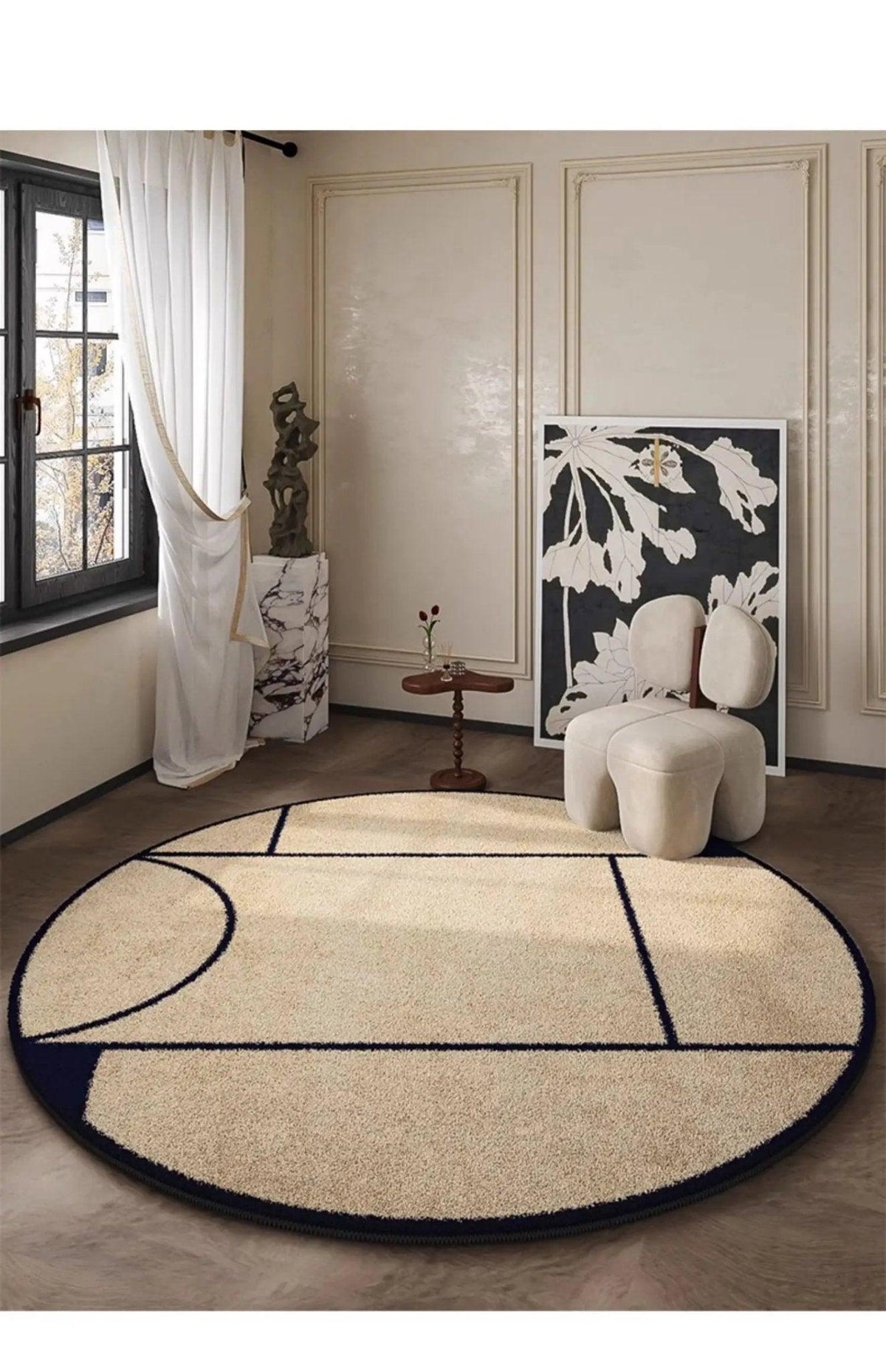 Runder Teppich schwarzes Muster 80-120cm Plüsch Rutschfest Wohnzimmer Schlafzimmer Flur Dekorativer Teppich Weich | Sansoti