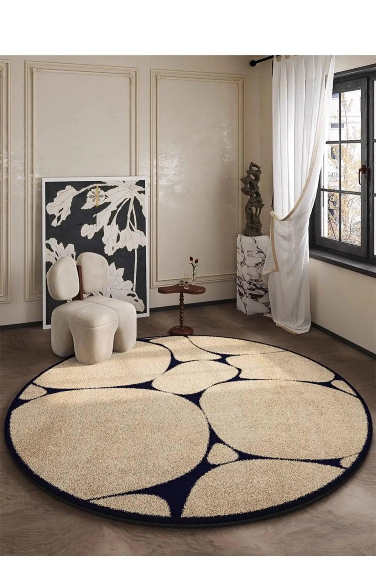 Runder Teppich schwarzes Muster 80-120cm Plüsch Rutschfest Wohnzimmer Schlafzimmer Flur Dekorativer Teppich Weich | Sansoti