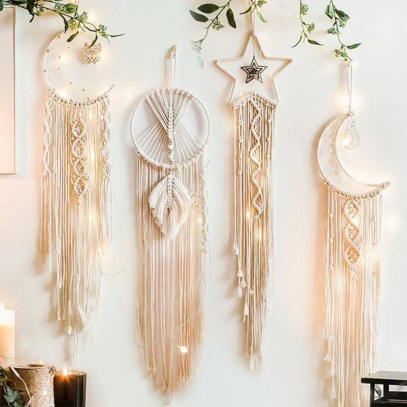 Makramee-Traumfänger mit LED-Beleuchtung, Mond- und Stern-Wandbehang, Boho-Stimmungslicht für Wohnzimmer und Schlafzimmer | Sansoti