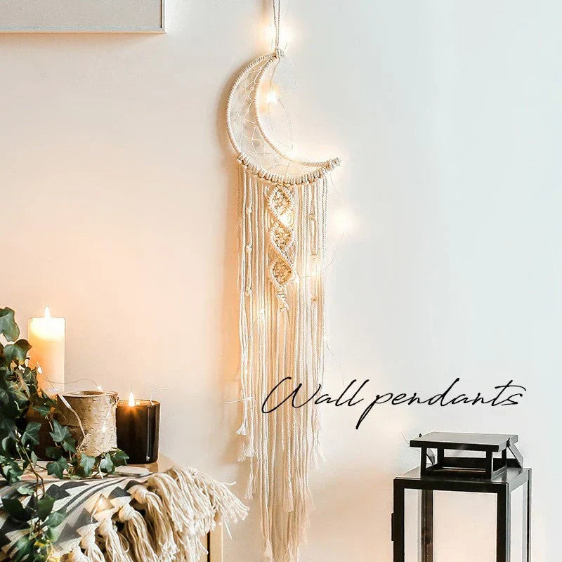 Makramee-Traumfänger mit LED-Beleuchtung, Mond- und Stern-Wandbehang, Boho-Stimmungslicht für Wohnzimmer und Schlafzimmer | Sansoti