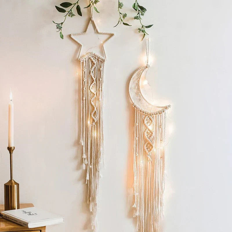 Makramee-Traumfänger mit LED-Beleuchtung, Mond- und Stern-Wandbehang, Boho-Stimmungslicht für Wohnzimmer und Schlafzimmer | Sansoti