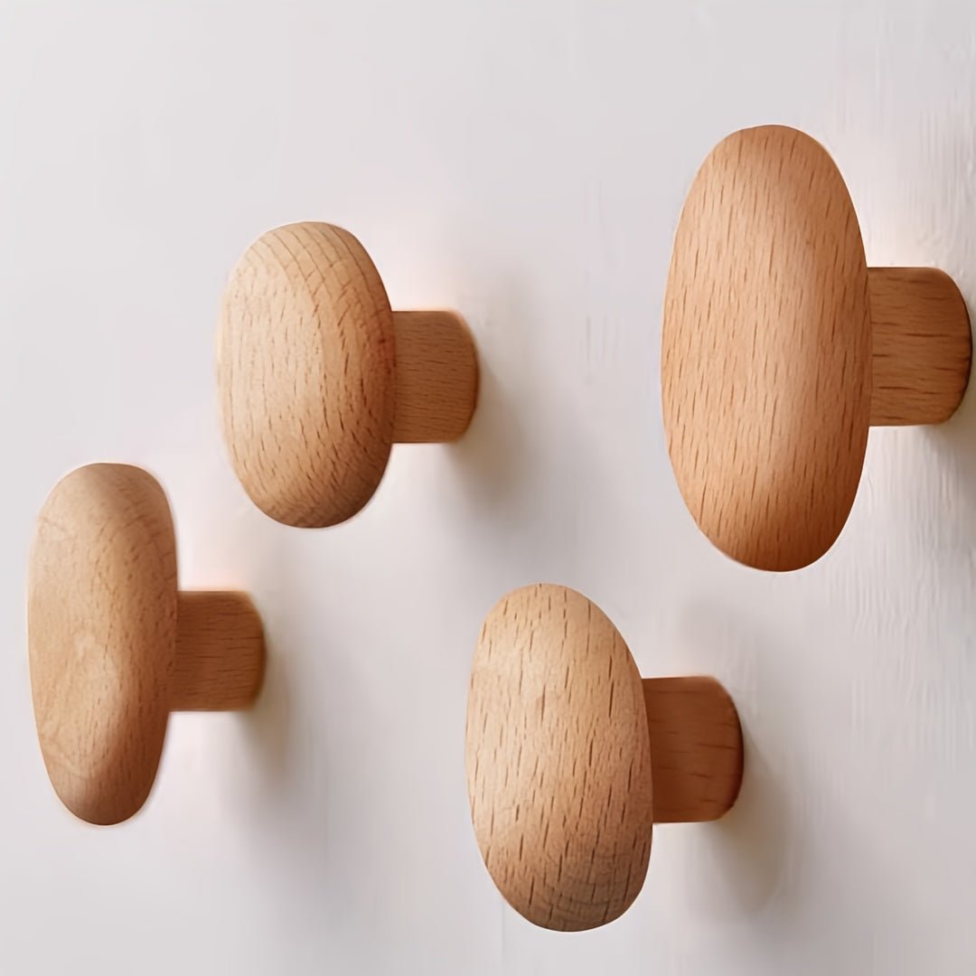 Wall-Mounted Coat Rack Solid Wood Set of 4 Natural Pebble Shapes Hallway Bathroom Bedroom Handmade Organic | Sansoti