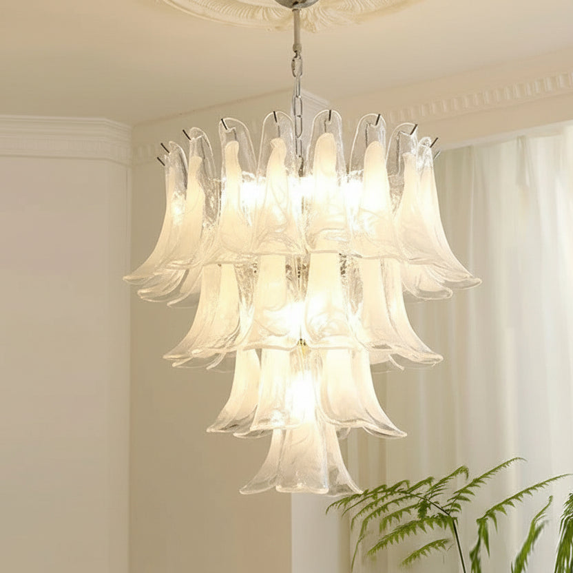 Glas-Kronleuchter im Blütenblätter-Design, dimmbare LED-Beleuchtung, Flur, Wohnzimmer, Esszimmer, Gold, Chrom, Pendelleuchte | Sansoti
