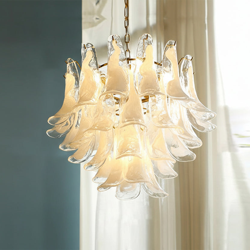 Glas-Kronleuchter im Blütenblätter-Design, dimmbare LED-Beleuchtung, Flur, Wohnzimmer, Esszimmer, Gold, Chrom, Pendelleuchte | Sansoti