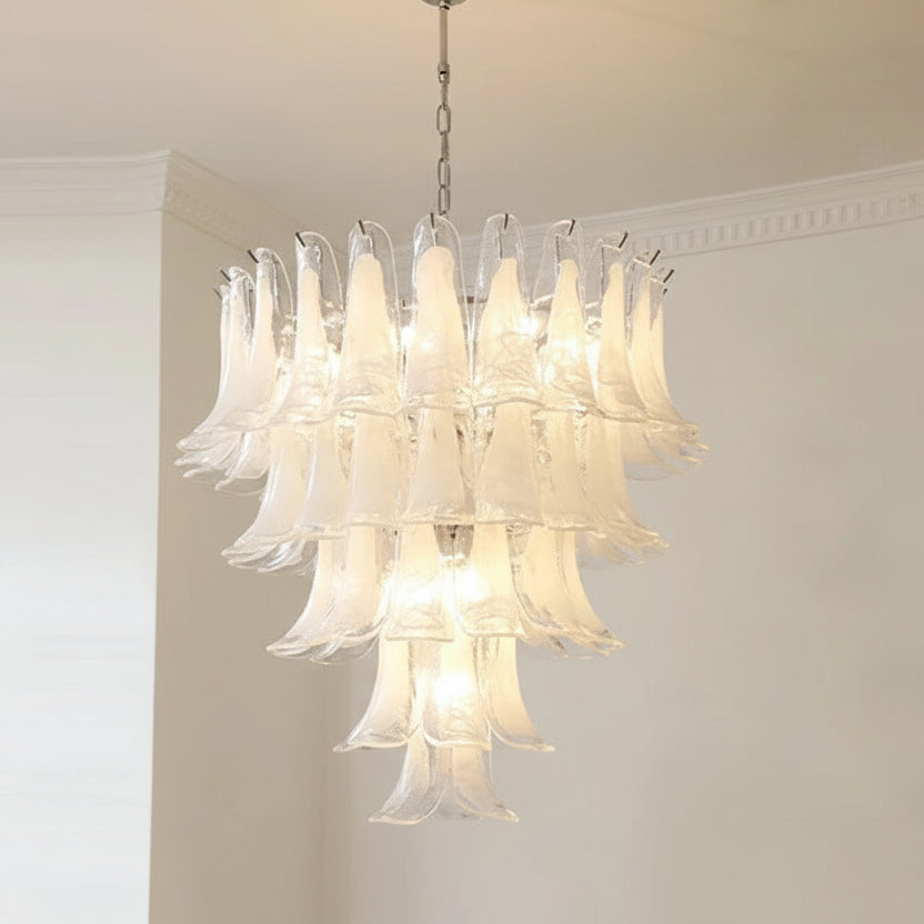 Glas-Kronleuchter im Blütenblätter-Design, dimmbare LED-Beleuchtung, Flur, Wohnzimmer, Esszimmer, Gold, Chrom, Pendelleuchte | Sansoti