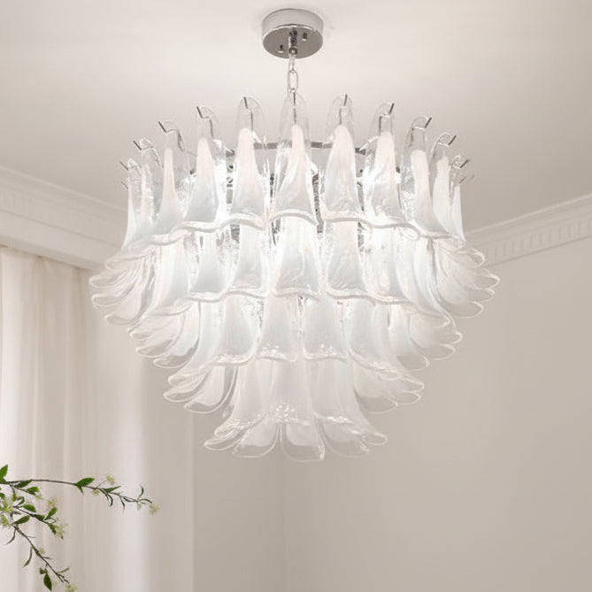 Glas-Kronleuchter im Blütenblätter-Design, dimmbare LED-Beleuchtung, Flur, Wohnzimmer, Esszimmer, Gold, Chrom, Pendelleuchte | Sansoti