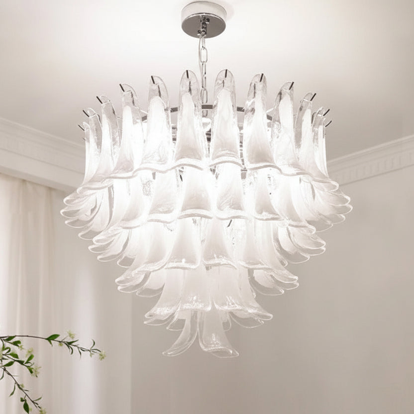 Glas-Kronleuchter im Blütenblätter-Design, dimmbare LED-Beleuchtung, Flur, Wohnzimmer, Esszimmer, Gold, Chrom, Pendelleuchte | Sansoti