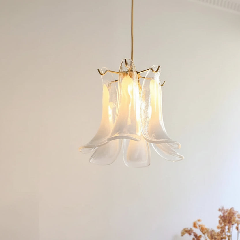 Glas-Kronleuchter im Blütenblätter-Design, dimmbare LED-Beleuchtung, Flur, Wohnzimmer, Esszimmer, Gold, Chrom, Pendelleuchte | Sansoti