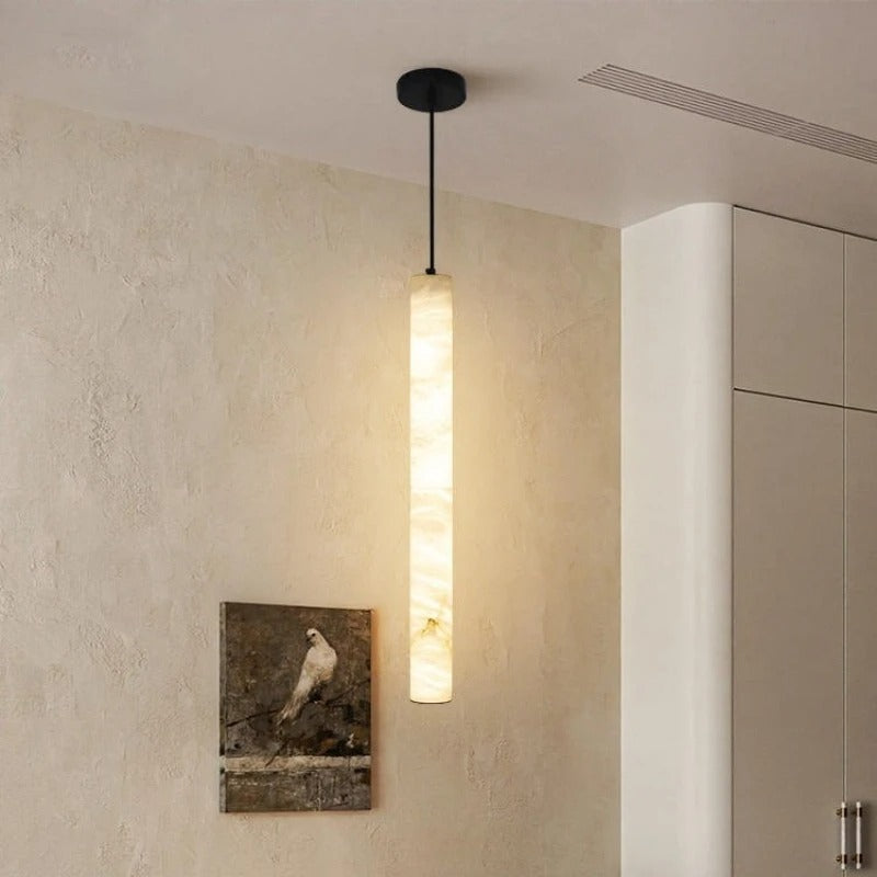 Suspension cylindrique en pierre naturelle, lumière LED chaude, salle à manger, îlot de cuisine, chambre, acier, style scandinave | Sansoti