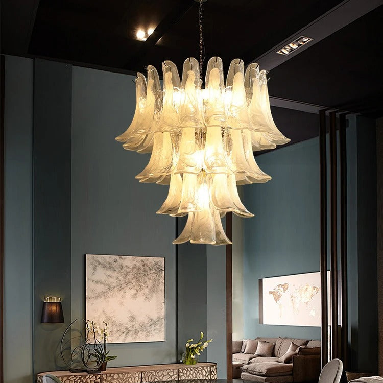 Glas-Kronleuchter im Blütenblätter-Design, dimmbare LED-Beleuchtung, Flur, Wohnzimmer, Esszimmer, Gold, Chrom, Pendelleuchte | Sansoti