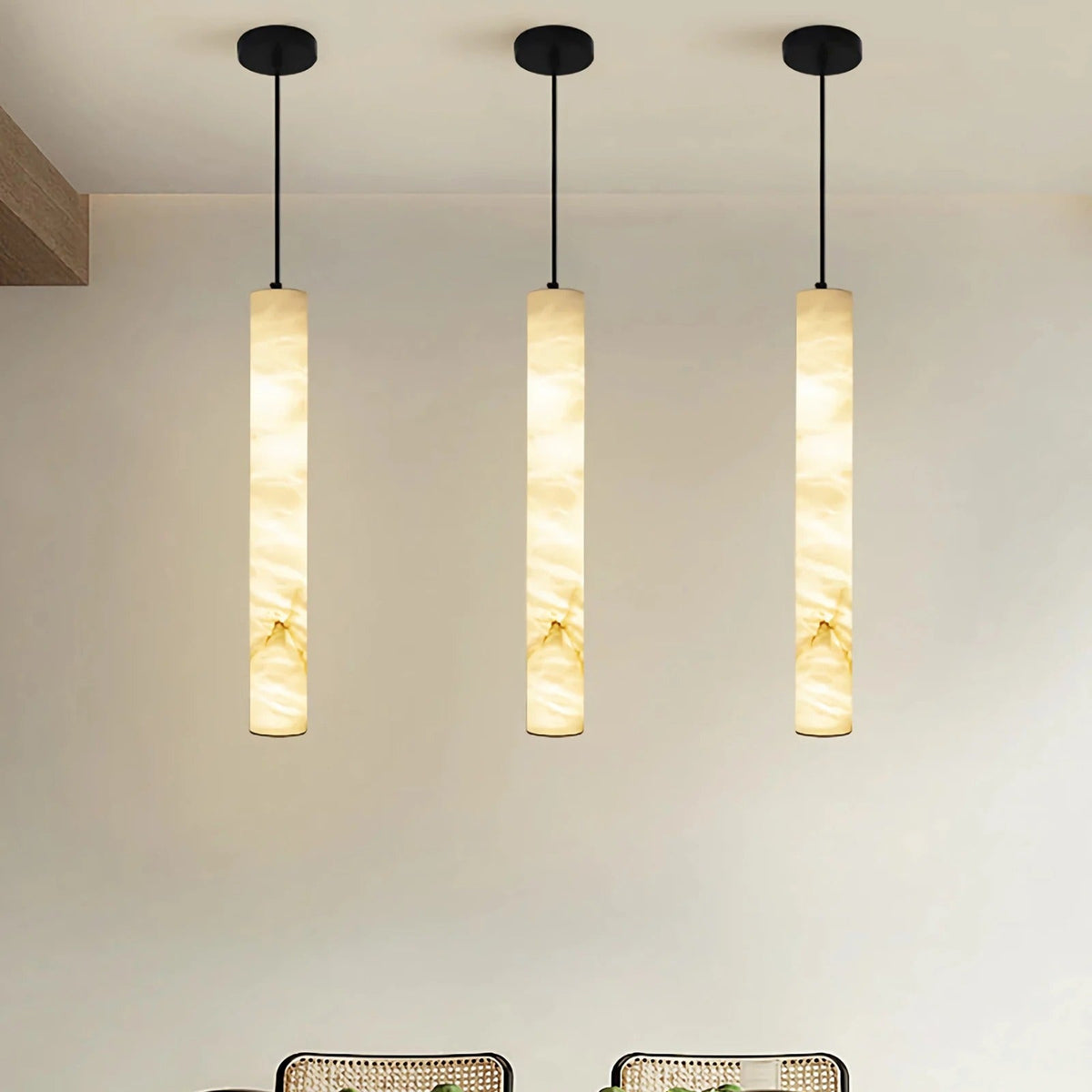 Suspension cylindrique en pierre naturelle, lumière LED chaude, salle à manger, îlot de cuisine, chambre, acier, style scandinave | Sansoti