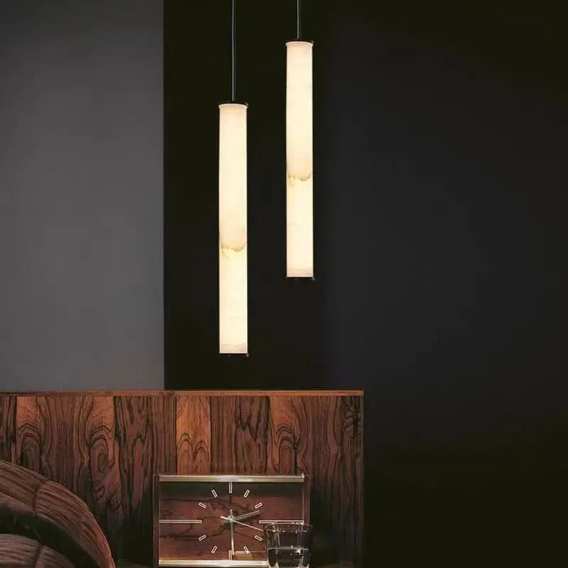 Suspension cylindrique en pierre naturelle, lumière LED chaude, salle à manger, îlot de cuisine, chambre, acier, style scandinave | Sansoti