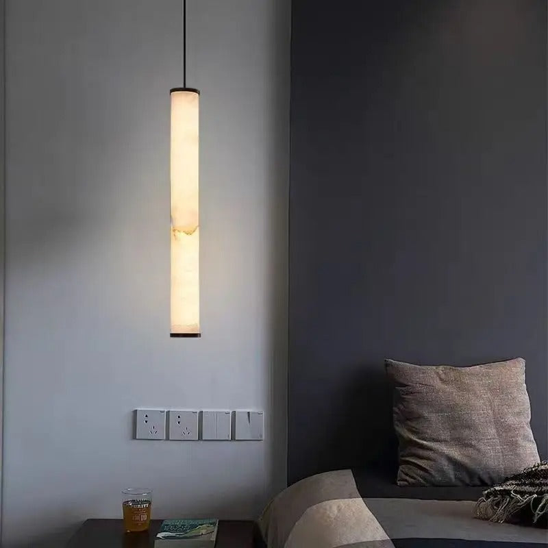 Suspension cylindrique en pierre naturelle, lumière LED chaude, salle à manger, îlot de cuisine, chambre, acier, style scandinave | Sansoti
