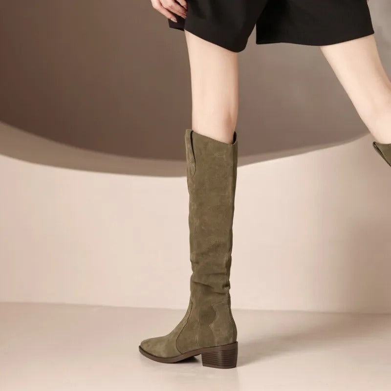 Kniehoge Dames Rijlaarzen Vierkante Hak Spitse Neus Zwart Beige Winterschoeisel Elegante Laars Comfortabel | Sansoti